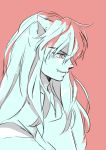  1boy animal_ears grin hair_between_eyes inuyasha inuyasha_(character) long_hair looking_down male_focus monochrome motobi_(mtb_umk) profile red_background red_eyes simple_background smile smirk solo spot_color upper_body 