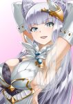  1girl animal_ears arms_behind_head asymmetrical_clothes bangs bare_shoulders blue_eyes blunt_bangs blush breasts cat_ears easel elbow_gloves erun_(granblue_fantasy) gloves granblue_fantasy hair_ornament korwa large_breasts long_hair looking_at_viewer makumaxu parted_lips sideboob silver_hair skindentation solo upper_body white_gloves 