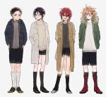  4boys atsushi_toushirou black_hair boots brown_eyes brown_hair coat cross-laced_footwear fur_trim gotou_toushirou green_eyes grey_eyes hands_in_pockets holster hood hooded_jacket jacket kneehighs lace-up_boots male_focus multicolored_hair multiple_boys redhead shinano_toushirou shorts smile streaked_hair sweater thigh_holster touken_ranbu turtleneck turtleneck_sweater violet_eyes white_legwear yagen_toushirou zy_(dondokodo-mu) 