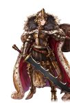  1boy alpha_transparency armor brown_eyes brown_hair cape full_body fur-trimmed_cape fur_trim gran_(granblue_fantasy) granblue_fantasy helmet male_focus minaba_hideo official_art outstretched_arm red_cape shield short_hair solo sword transparent_background weapon weapon_master_(granblue_fantasy) 