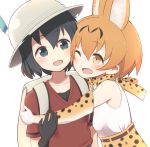  2girls :d ;d animal_ears armpit_peek backpack bag bare_shoulders belt black_eyes black_gloves black_hair blush bow bowtie cat_ears collarbone elbow_gloves eye_contact eyebrows_visible_through_hair gloves hair_between_eyes hand_on_another&#039;s_arm hat hat_feather hug kaban kemono_friends light_brown_eyes looking_at_another multiple_girls one_eye_closed open_mouth orange_hair red_shirt safari_hat serval_(kemono_friends) serval_ears serval_print shirt short_hair short_sleeves simple_background skirt sleeveless sleeveless_shirt smile tareme upper_body white_background white_shirt yuukagen_(poipoipopoino) 