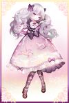  1girl bangs border bow commentary_request curly_hair dress frilled_dress frills full_body grey_hair hair_bow hand_on_own_shoulder lolita_fashion long_hair long_sleeves moemoe3345 neck_ribbon one_eye_closed open_mouth original outstretched_hand pegasus print_dress print_legwear ribbon rocking_horse shoes solo violet_eyes 