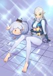  1girl :3 arm_support barefoot cat closed_eyes dungeon_and_fighter feet full_body green_eyes highres kim_jin_sung looking_at_viewer on_floor pants pointy_ears scarf sheep sidelocks silver_hair sitting smile toes vest 