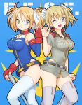  1girl ;d abiko_yuuji blonde_hair blue_eyes breasts dual_persona fingerless_gloves gloves gundam gundam_card_builder highleg highleg_leotard hips large_breasts leotard looking_at_viewer one_eye_closed open_mouth red_eyes reiko_holinger short_hair short_twintails simple_background smile solo thick_thighs thigh-highs thighs twintails white_legwear 