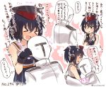  &gt;_&lt; 1boy 1girl admiral_(kantai_collection) blush closed_eyes commentary_request fingerless_gloves gloves headgear headphones hug i-13_(kantai_collection) kantai_collection military military_uniform naval_uniform school_swimsuit suzuki_toto sweat swimsuit swimsuit_under_clothes translation_request uniform 