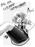  1girl 2015 :d ass bike_jersey bike_shorts blush character_name commentary_request dated english fingerless_gloves gloves happy_birthday kurata_ami long_riders! looking_at_viewer miyake_taishi monochrome open_mouth short_hair smile 