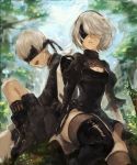  1boy 1girl animal bird bird_on_hand blindfold boots breasts cleavage cleavage_cutout dress gloves grass highres juliet_sleeves lips long_sleeves mole mole_under_mouth nier_(series) nier_automata niru_(17185924) open_mouth pale_skin parted_lips puffy_sleeves short_hair shorts sitting smile tree white_hair yorha_no._2_type_b yorha_no._9_type_s 