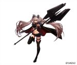  1girl artist_name belt boots cape fingerless_gloves full_body gloves grey_hair knight long_hair midriff mistrie navel original red_eyes solo standing standing_on_one_leg thigh-highs thigh_boots twintails very_long_hair weapon white_background 