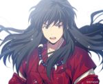  1boy beads black_hair brown_eyes inuyasha inuyasha_(character) japanese_clothes jewelry male_focus mashima_shima necklace open_mouth twitter_username 