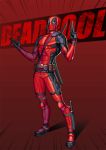  1boy absurdres belt black_gloves bodysuit character_name deadpool full_body gloves gun highres holster kim_jin_sung male_focus marvel mask pouch solo speed_lines standing superhero thigh_gap utility_belt weapon 