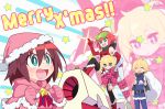  2boys 2girls alpha_omega_nova aqua_eyes blue_eyes blush bright_pupils brown_hair closed_eyes diffraction_spikes dual_persona gloves ground_vehicle hat highres hood jitome luluco merry_christmas motor_vehicle motorcycle mt.somo multicolored_hair multiple_boys multiple_girls redhead ribbon sack santa_costume santa_hat scarf shooting_glasses sleeveless smile spoilers star streaked_hair trigger-chan uchuu_patrol_luluco zoom_layer 