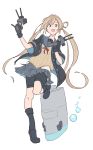  1girl absurdres abukuma_(kantai_collection) bike_shorts black_gloves blonde_hair blue_eyes boots bubble cannon fingerless_gloves full_body gloves gun hair_between_eyes hair_rings highres jacket kantai_collection long_hair looking_at_viewer open_mouth remodel_(kantai_collection) school_uniform short_sleeves shorts_under_skirt simple_background skirt solo standing standing_on_one_leg sweater sy-l-via twintails very_long_hair weapon white_background 