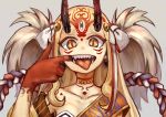  1girl :d absurdres blonde_hair collarbone facial_mark fate/grand_order fate_(series) finger_in_mouth highres ibaraki_douji_(fate/grand_order) long_hair looking_at_viewer okitsugu oni_horns open_mouth sharp_teeth slit_pupils smile solo teeth third_eye yellow_eyes 