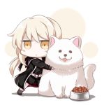  1girl belt blonde_hair bowl chibi dog dog_food fate/grand_order fate_(series) gasuto_(kamikami) jacket jitome pet_bowl ponytail saber saber_alter shorts yellow_eyes 