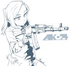  1girl air_glen ak-74 assault_rifle gloves gun handgun highres monochrome original pistol ponytail rifle weapon 