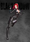  1girl avengers belt black_widow bodysuit boots breasts character_name cleavage dual_wielding female full_body gun highres holster kim_jin_sung long_hair looking_at_viewer marvel medium_breasts natasha_romanoff no_bra red_eyes redhead skin_tight smirk solo standing standing_on_one_leg weapon 