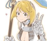  1girl armor banner blonde_hair blue_eyes boobplate breasts cleavage earrings gauntlets halterneck heart jeanne_d&#039;arc jewelry looking_at_viewer outline poaro short_hair sketch smile solo teardrop_earring torc upper_body v 