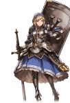  1girl alpha_transparency armor armored_dress blonde_hair carrying_over_shoulder djeeta_(granblue_fantasy) fortress_(granblue_fantasy) full_body granblue_fantasy hairband minaba_hideo official_art shield solo sword transparent_background weapon 