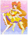  1girl bare_shoulders boots brown_hair character_name cure_twinkle detached_collar dress earrings gloves go!_princess_precure hand_on_hip jewelry long_hair magical_girl multicolored_hair otanagare precure smile solo star star_earrings thigh-highs thigh_boots twintails two-tone_hair very_long_hair violet_eyes white_gloves zettai_ryouiki 
