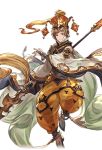  1boy alpha_transparency apsaras_(granblue_fantasy) bridal_gauntlets brown_eyes brown_hair detached_sleeves floating full_body gran_(granblue_fantasy) granblue_fantasy hat leotard looking_at_viewer male_focus minaba_hideo official_art puffy_pants see-through shoes short_hair solo staff transparent_background 