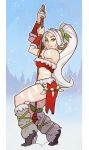  1girl bandeau bodypaint facial_mark forehead_mark from_side full_body green_eyes highres league_of_legends loincloth long_hair midriff nidalee polearm smile snow snow_bunny_nidalee solo splashbrush very_long_hair weapon 