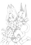  2girls :d animal_ears ankle_boots armpit_peek artist_request bare_shoulders boots bow bowtie caracal_(kemono_friends) caracal_ears caracal_tail cat_ears cat_tail commentary_request cross-laced_clothes dot_nose elbow_gloves eyebrows_visible_through_hair eyelashes gloves greyscale hair_between_eyes hands_together hug hug_from_behind kemono_friends looking_at_another looking_at_viewer monochrome multiple_girls official_art one_leg_raised open_mouth ribbon serval_(kemono_friends) serval_ears serval_print serval_tail shirt shoe_ribbon short_hair simple_background sketch skirt sleeveless sleeveless_shirt smile socks striped_tail tail tareme thigh-highs tsurime white_background zettai_ryouiki 