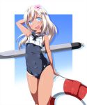  1girl blonde_hair blue_eyes covered_navel cowboy_shot crop_top danpu flower hair_flower hair_ornament kantai_collection lifebuoy long_hair looking_at_viewer one-piece_tan open_mouth ro-500_(kantai_collection) sailor_collar school_swimsuit solo swimsuit swimsuit_under_clothes tan tanline torpedo 