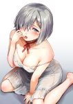  1girl arm_support blue_eyes blush breasts collarbone finger_licking from_above hair_ornament hair_over_one_eye hairclip hamakaze_(kantai_collection) highres kantai_collection large_breasts licking lingerie looking_at_viewer negligee saliva saliva_trail short_hair silver_hair sitting strap_slip tongue tongue_out umakuchi_shouyu_(into-rain) underwear wariza 