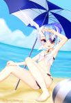  1girl beach bikini blue_eyes blue_hair blush breasts eyepatch highres long_hair looking_at_viewer navel nintendo open_mouth polearm seori_(xenoblade) short_hair simple_background smile solo swimsuit umbrella water weapon xenoblade_(series) xenoblade_2 yuyumi_(yuurei) yuyumi_yotuha 