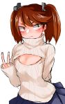  1girl 3:&lt; arm_behind_back blush breasts brown_eyes brown_hair cleavage_cutout flat_chest gomio_(bb-k) hair_ornament high_collar highres kantai_collection long_sleeves meme_attire open-chest_sweater ryuujou_(kantai_collection) sanpaku simple_background sketch skirt sleeves_past_wrists small_breasts solo sweater twintails unamused v white_background 
