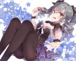  1girl :d ass bangs black_legwear blush bow breasts cleavage detached_collar dress grey_hair hair_bow heart highres holding idolmaster idolmaster_cinderella_girls kanzaki_ranko kyou_hotaru legs_together legs_up long_hair looking_at_viewer medium_breasts open_mouth outstretched_arm pantyhose red_eyes scrunchie smile solo star starry_background twintails twitter_username wrist_scrunchie 
