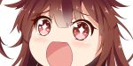  +_+ 1girl bangs blunt_bangs brown_eyes close-up eyebrows_visible_through_hair hair_between_eyes kantai_collection kuma_(kantai_collection) long_hair looking_at_viewer messy_hair no_nose open_mouth red_eyes simple_background sin-poi solo sparkling_eyes symbol-shaped_pupils white_background 