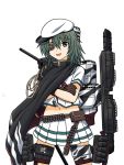  1girl :d brown_gloves cape crossed_arms eyepatch gloves green_eyes green_hair hat hoshino_banchou kantai_collection kiso_(kantai_collection) long_hair looking_at_viewer machinery navel open_mouth pleated_skirt school_uniform serafuku simple_background skirt smile solo white_background 