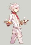  1boy blue_eyes chef_uniform fate/apocrypha fate/grand_order fate_(series) food karna_(fate) lamp looking_at_viewer male_focus pale_skin short_hair simple_background smile solo wanko_(takohati8) white_background white_hair 