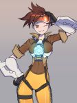  1girl ;) between_breasts bodysuit bomber_jacket breasts brown_eyes brown_hair brown_jacket contrapposto cowboy_shot goggles goggles_on_head hand_on_hip jacket kim_jin_sung medium_breasts one_eye_closed orange_bodysuit overwatch pants parted_lips skin_tight smile spiky_hair tight tight_pants tracer_(overwatch) 