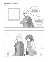  2girls 2koma :d ^_^ absurdres alternate_costume bag bare_shoulders breasts cameo casual closed_eyes coat comic commentary contemporary english handbag highres iowa_(kantai_collection) kantai_collection kashima_(kantai_collection) meme_attire multiple_girls open_mouth ponytail revision ribbed_sweater robba-san_(wangphing) saratoga_(kantai_collection) sideboob smile snowing sweater turtleneck turtleneck_sweater twitter_username virgin_killer_sweater wangphing window winter_clothes winter_coat 