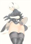  1girl absurdres ass black_dress black_legwear blindfold breasts closed_mouth dress dress_lift feather_trim from_behind gloves headband highres leotard lips long_sleeves looking_at_viewer looking_back mole mole_under_mouth nier_(series) nier_automata pink_lips puffy_sleeves ribbed_dress shikuro_(masax1107) short_dress short_sleeves solo standing sword thick_thighs thigh-highs thighs vambraces weapon white_background white_hair yorha_no._2_type_b 