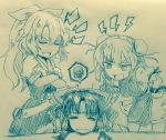  3girls bandaged_arm bangs bow breasts bun_cover chains closed_eyes commentary_request crossed_arms cuffs d:&lt; efukei expressive_clothes eyebrows_visible_through_hair flower hair_between_eyes hair_bow hair_tubes hakurei_reimu hand_on_hip ibaraki_kasen index_finger_raised leaning_forward lightning_bolt long_hair looking_at_another medium_breasts monochrome multiple_girls open_mouth ponytail puffy_short_sleeves puffy_sleeves ribbon-trimmed_skirt scolding shackles short_hair short_sleeves sidelocks speech_bubble spoken_squiggle squiggle standing tabard touhou traditional_media watatsuki_no_yorihime 