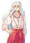  1boy animal_ears closed_mouth hair_between_eyes hakama hand_on_hip inuyasha inuyasha_(character) japanese_clothes jewelry long_hair looking_away looking_to_the_side male_focus motobi_(mtb_umk) necklace pearl_necklace red_hakama silver_hair very_long_hair white_background white_hair yellow_eyes 
