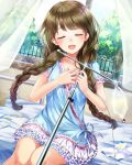  1girl :d absurdres bed braid brown_hair closed_eyes dress dutch_angle frilled_skirt frills front_braid hair_ornament hairclip hariba_kurabayashi highres holding hospital_bed indoors intravenous_drip lens_flare on_bed open_mouth pill round_teeth school_fanfare skirt smile teeth window 