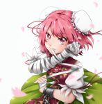  1girl bandaged_arm chains cherry_blossoms cuffs double_bun green_skirt ibaraki_kasen looking_at_viewer momo-nora mouth_hold petals pink_eyes pink_hair pink_rope puffy_short_sleeves puffy_sleeves rope shackles shirt short_hair short_sleeves simple_background skirt solo tabard touhou white_background white_shirt wind 