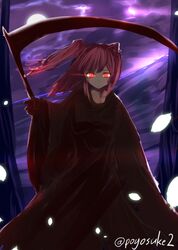  1girl alternate_costume black_robe blown_petals clouds cloudy_sky expressionless glowing glowing_eyes glowing_lines glowing_petals hair_blowing looking_at_viewer moon night onozuka_komachi petals poyosuke purple_sky red_eyes robe scythe sky solo touhou tree twitter_username two_side_up 