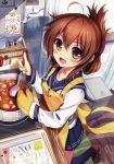  1girl :d absurdres ahoge akabane anchor_print anchor_symbol apron blue_eyes blue_skirt book brown_eyes brown_hair collarbone cooking curry eyebrows_visible_through_hair food gloves hair_between_eyes hair_ornament highres holding inazuma_(kantai_collection) indoors kantai_collection kitchen kneehighs long_hair looking_at_viewer one_leg_raised open_book open_mouth pleated_skirt school_uniform serafuku shirt skirt smile solo standing white_shirt yellow_apron 