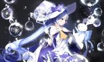  1girl blue_eyes blue_hair bubble cape douzhi hand_on_hip hat hatsune_miku long_hair rabbit scepter skirt snowflakes twintails very_long_hair vocaloid wand witch_hat yukine_(vocaloid) 
