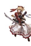  1girl alpha_transparency alternate_hairstyle armor armored_dress blonde_hair bob_cut brown_eyes djeeta_(granblue_fantasy) full_body granblue_fantasy hair_ribbon japanese_armor kote light_smile looking_at_viewer minaba_hideo official_art ponytail ribbon samurai_(granblue_fantasy) scabbard sheath short_hair smile sode solo sword transparent_background weapon 
