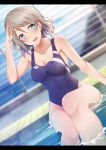  1girl absurdres blue_eyes border breasts cleavage competition_swimsuit dutch_angle grey_hair highres looking_at_viewer love_live! love_live!_sunshine!! lzl_j medium_breasts one-piece_swimsuit open_mouth poolside salute short_hair sitting smile solo swimsuit watanabe_you water wet wet_clothes wet_swimsuit 