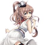  1girl :d ass blue_eyes brown_hair commentary_request eyebrows_visible_through_hair garter_straps grey_eyes headgear kantai_collection long_hair looking_at_viewer open_mouth ponytail red_legwear red_neckerchief revision saratoga_(kantai_collection) side_ponytail simple_background smile smokestack solo thigh-highs tk8d32 white_background 