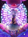  1girl backlighting black_legwear blood bloody_tears blue_eyes crying crying_with_eyes_open eyeball flower full_body hat hat_ribbon heart heart_of_string highres holding komeiji_koishi komeiji_satori long_sleeves looking_at_viewer looking_down red_rose ribbon rose shinonome_kia shirt silver_hair skirt smile stained_glass standing stitched streaming_tears tears third_eye touhou wide_sleeves window 