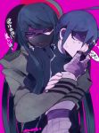  2boys ahoge bandaged_hands black_hair dangan_ronpa gakuran hat highres long_hair looking_at_another male_focus mask multiple_boys new_dangan_ronpa_v3 nme_(nmedotxx) peaked_cap pink_background saihara_shuuichi school_uniform shinguuji_korekiyo short_hair simple_background sweat 