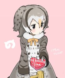  1girl :o artist_request black_eyes blush brown_hair chocolate chocolate_heart coat collar commentary_request copyright_name english eyebrows_visible_through_hair eyelashes food fur_collar gloves grey_hair hair_between_eyes head_wings heart heart-shaped_box holding holding_food jitome kemono_friends kyuushuu_owl_(kemono_friends) long_sleeves looking_away multicolored_hair neck_ribbon offering official_art open_mouth orange_hair orange_ribbon outstretched_arm pink_background pocket ribbon short_hair shy sidelocks simple_background solo valentine white_hair wings 